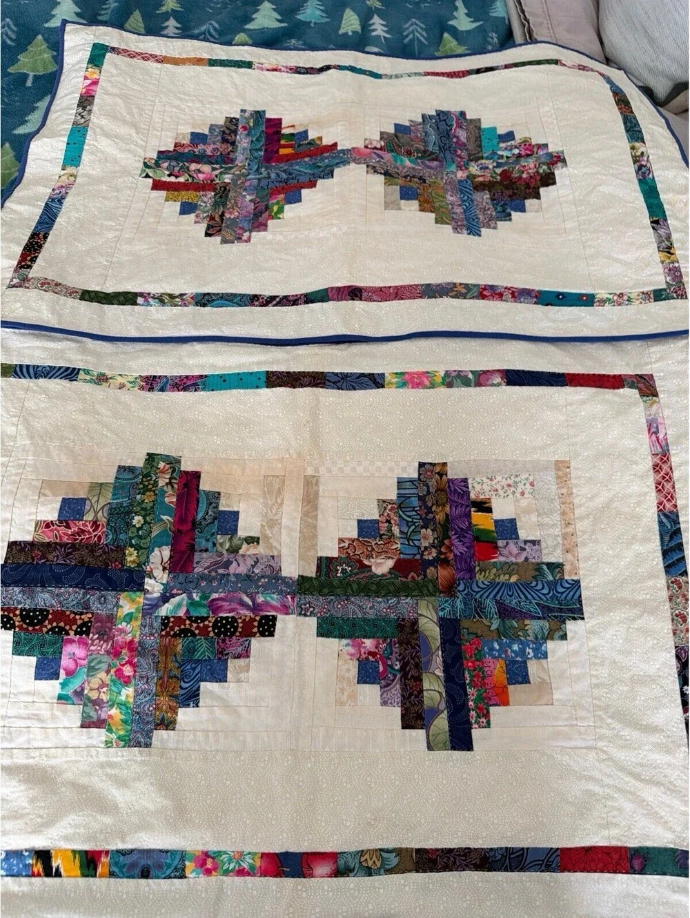 King 3pc Vintage Log Cabin Quilt Set Hand Quilted Scrappy Patchwork Shams 98x98